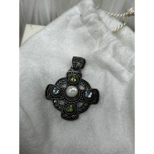 Suarti Artisan Crafted Sterling/18K Gold Multi-Gemstone Cross Pendant